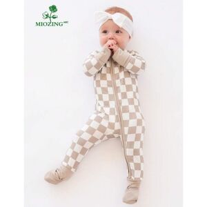 Bamboo Zippy Pajamas Checkered Tan And White